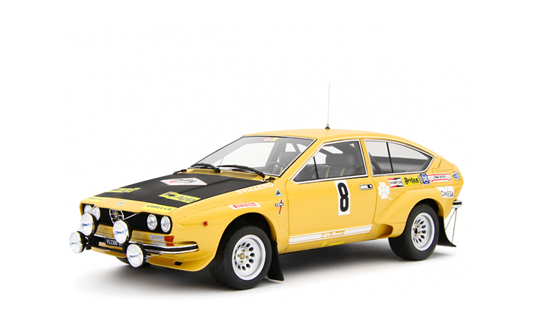 1:18 1/18 Alfa Romeo Alfetta Grupa 2 Autodelta No 8 Reli 4 Regioni Francesco ‘‘Chicco‘‘ Svizzero Gianfranco Masetto 1975 žuto crni Laudoracing-Models