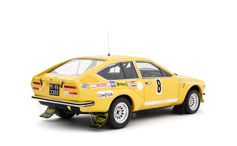 1:18 1/18 Alfa Romeo Alfetta Grupa 2 Autodelta No 8 Reli 4 Regioni Francesco ‘‘Chicco‘‘ Svizzero Gianfranco Masetto 1975 žuto crni Laudoracing-Models