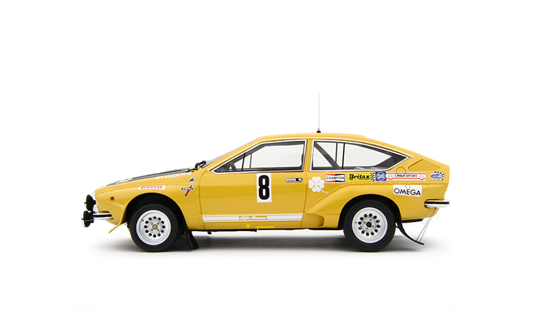 1:18 1/18 Alfa Romeo Alfetta Grupa 2 Autodelta No 8 Reli 4 Regioni Francesco ‘‘Chicco‘‘ Svizzero Gianfranco Masetto 1975 žuto crni Laudoracing-Models