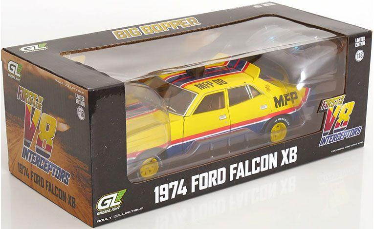 1:18 1/18 Ford Falcon XB V8 Sedan Big Booper M.F.P. 08 officers Roop and Charlie 1974 film Mad Max 1 Mel Gibson 1979 Greenlight